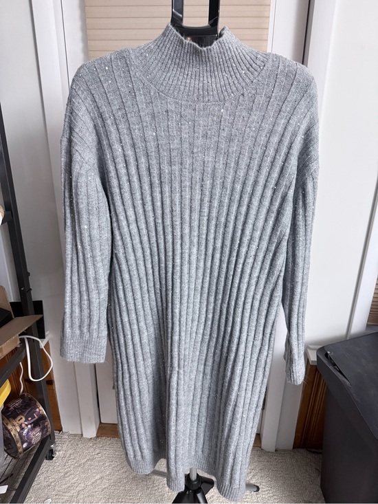 Ophelia Roe Dresses & Skirts - Ribbed Mock Neck Sweater Dress in Light Gray sequins cozy winter icy sparkle